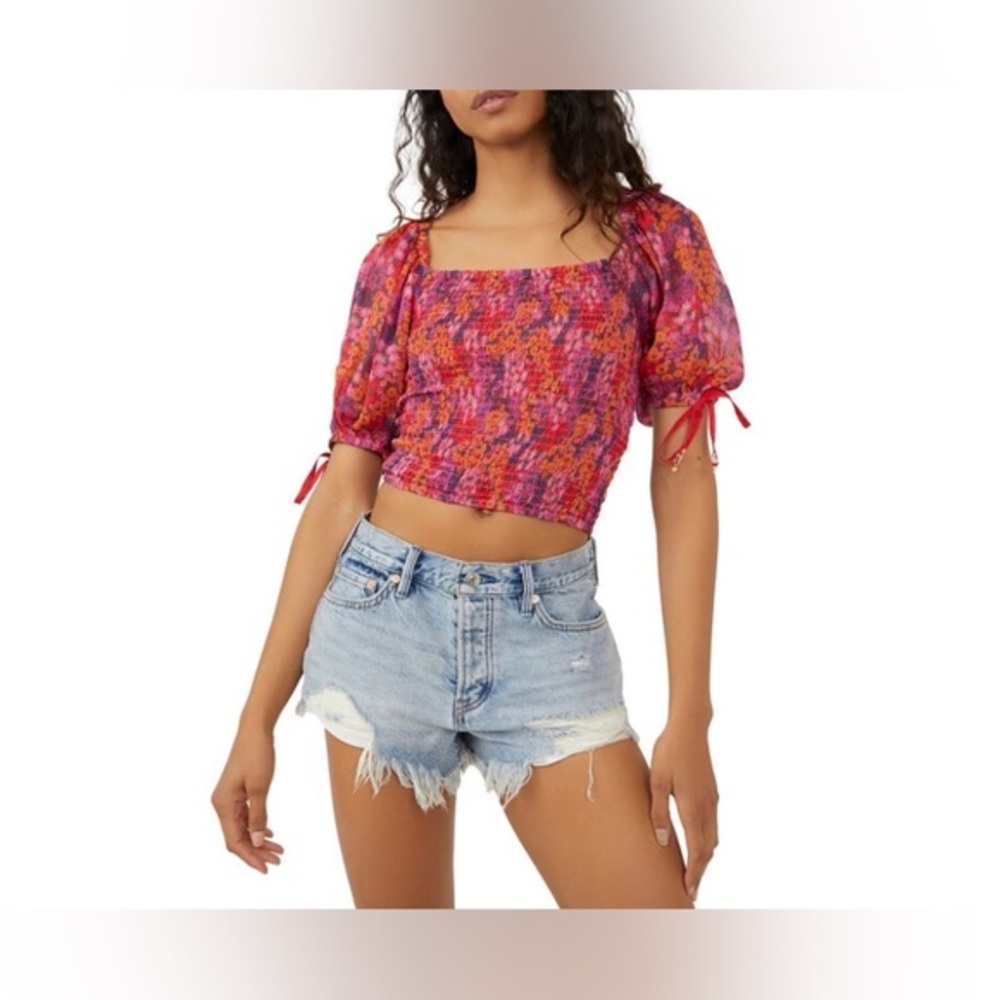 Free People Back on top‎ Crop smocked mesh floral back tie top size XS new